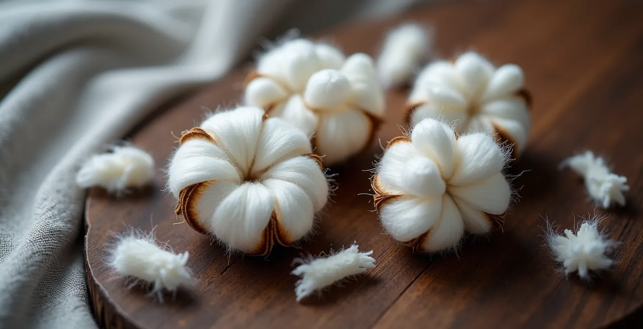 Vue macro de fibres de coton montrant les différences de longueur et de structure