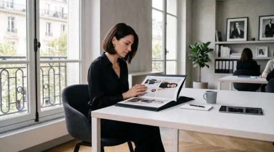 Responsable casting consultant un book de mannequins dans un bureau d'agence moderne à Paris