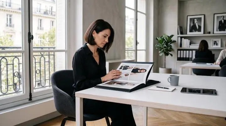 Responsable casting consultant un book de mannequins dans un bureau d'agence moderne à Paris