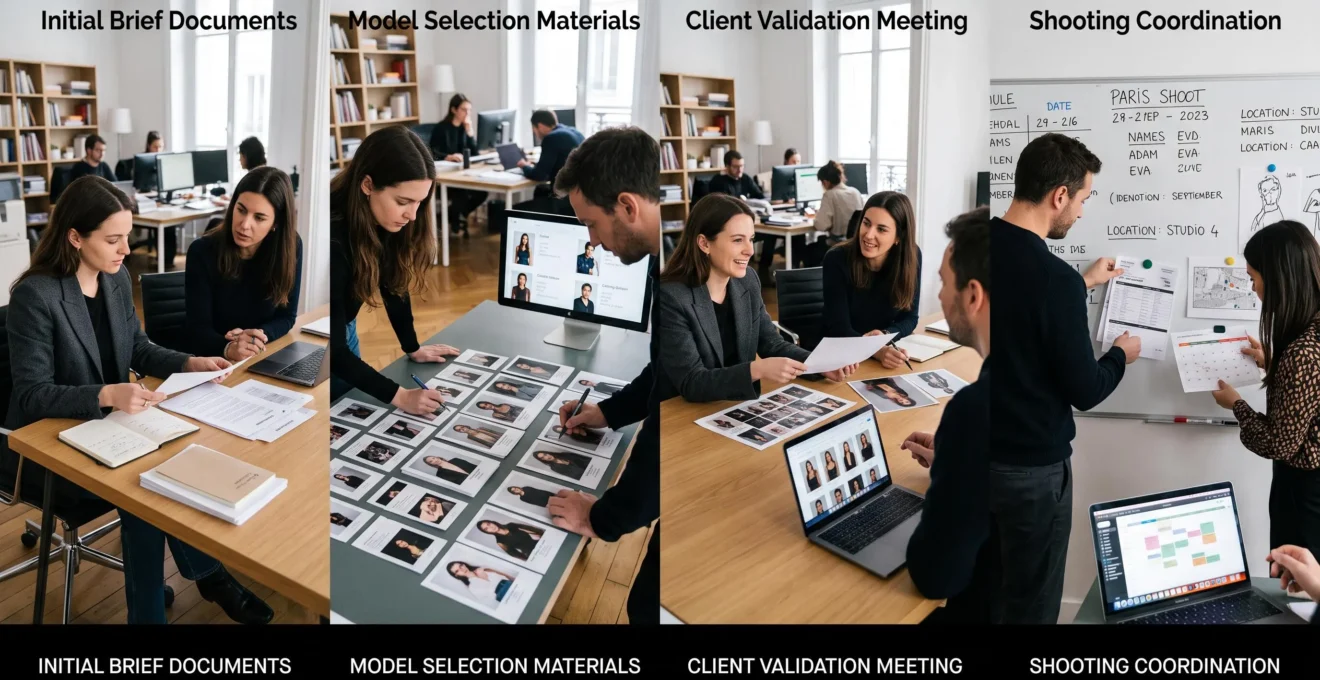 Timeline visuelle des étapes de collaboration entre agence de mannequins et client